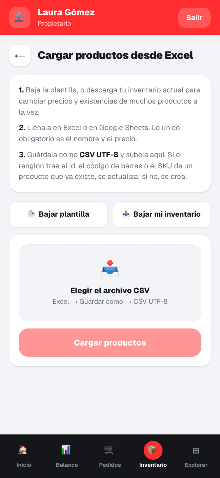 Cargar productos desde Excel