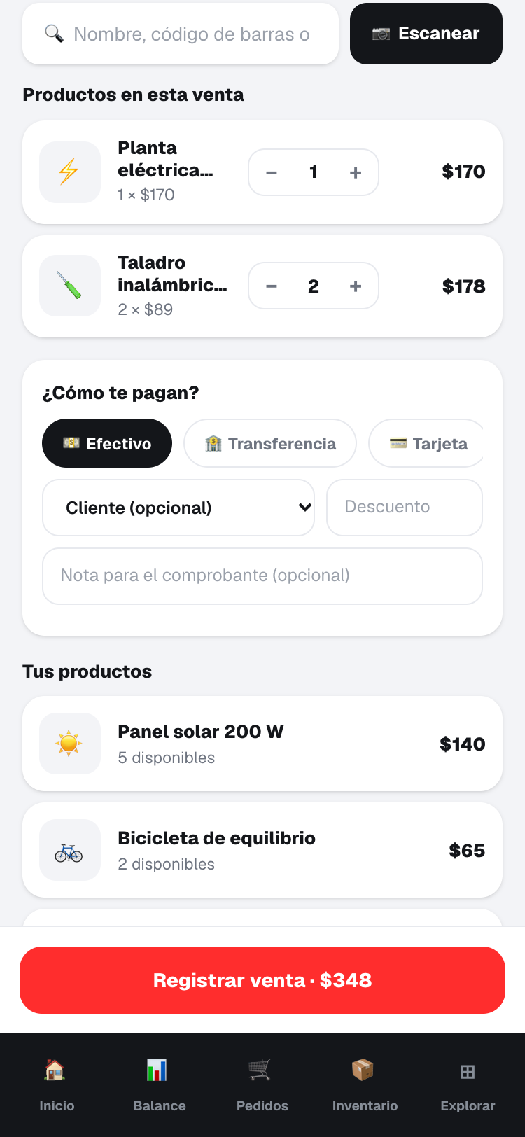 Pantalla de registrar venta