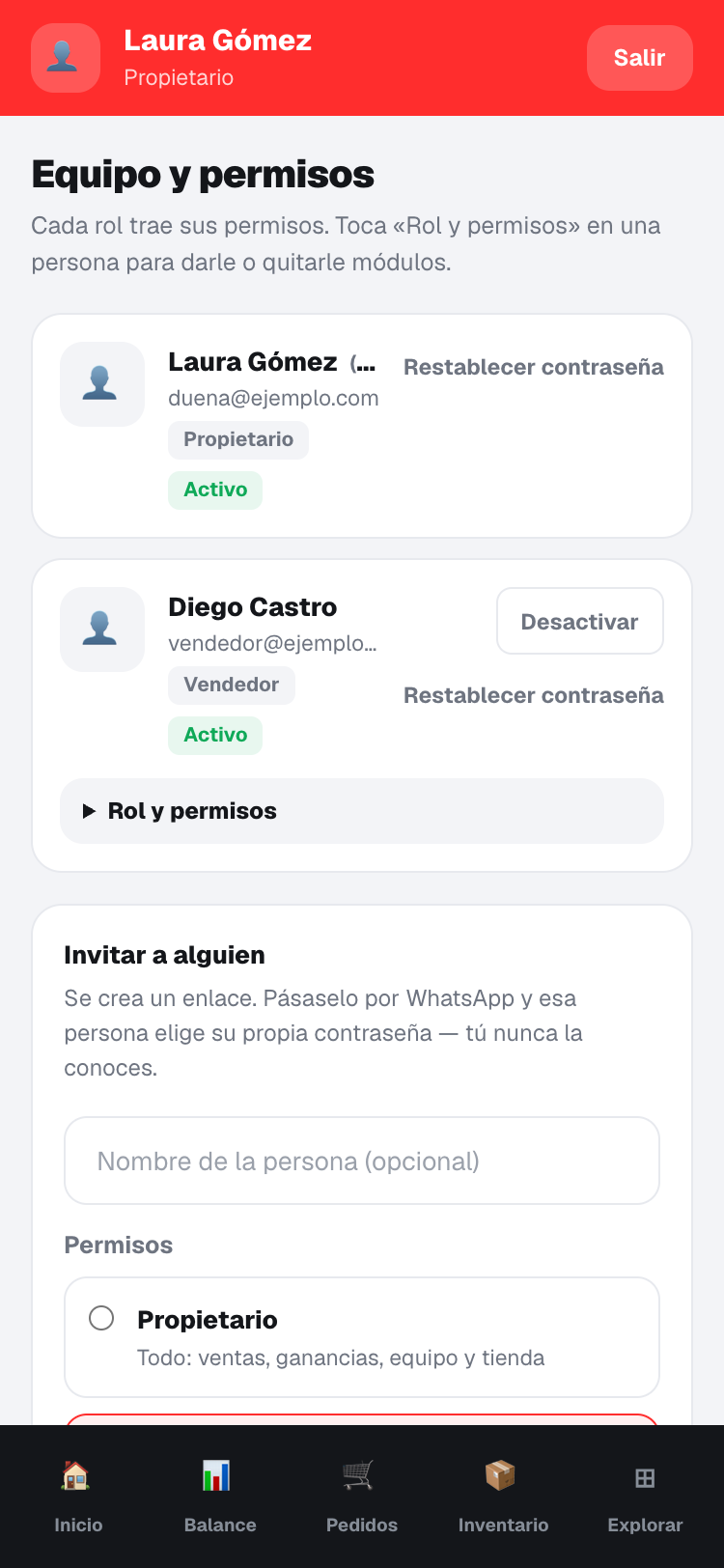 Permisos de una persona del equipo